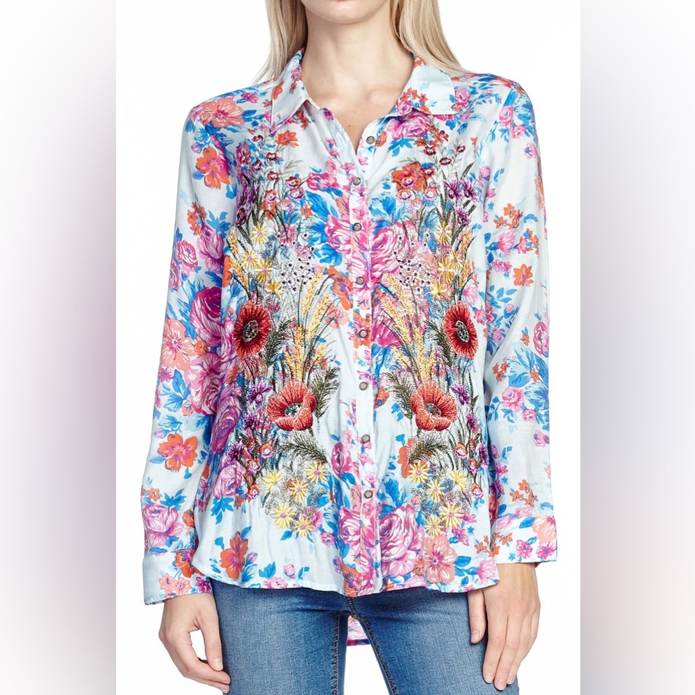 Floral Embroidered Button-Up Blouse
